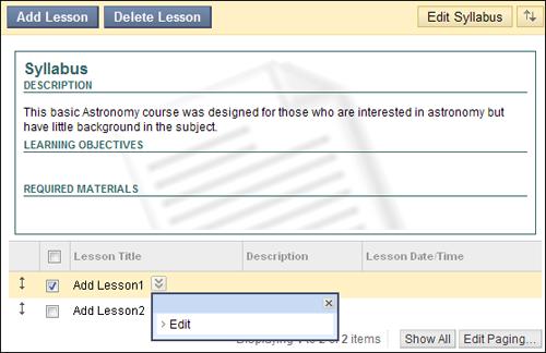 15. On the Edit Lesson page, type the lesson title. Optionally, select a date and time when the lesson will appear in the syllabus. 16. Type a Lesson Description.