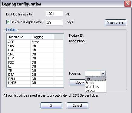 Nexio NLE Gateway Chapter 3 Configuring the NLE Gateway Software Configure Logging From the CIFServer Tools menu, navigate to Tools > Logging to display the Login Configuration window.