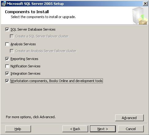 7. If there are fewer than 2,500 clients, select the following check boxes when installing the FCS server: SQL Server Database Services Reporting Services