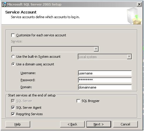9. Select Use a domain user account and complete the SQL Server user account information.