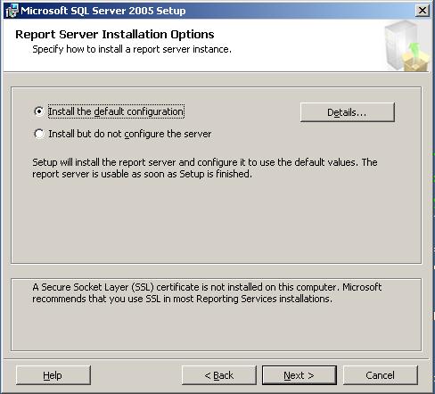 Note When installing the Reporting server, the Install the default configuration option