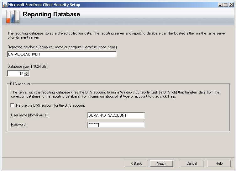 7. Type the name of the Database server in the Reporting database field. Note Specify a minimum of 15 in the Database size field. See section 4.2.3 for details on calculating a specific figure.