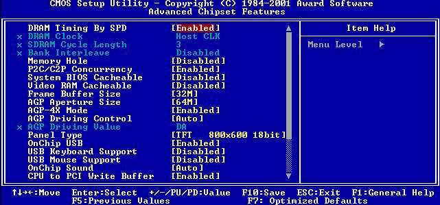 4.2.4 Advanced Chipset Features setup By choosing the Advanced Chipset Features option from the Initial Setup Screen menu, the screen below is displayed.