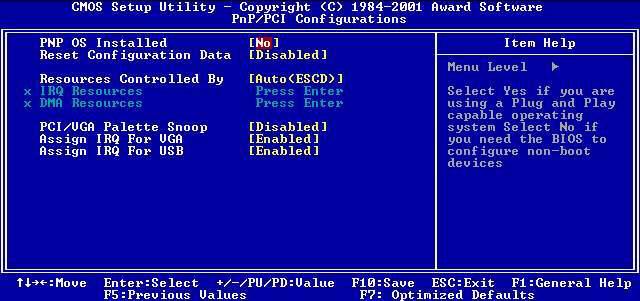 4.2.7 PnP/PCI Configurations By choosing the PnP/PCI Configurations option from the Initial Setup Screen menu, the