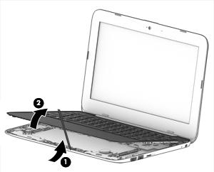 5. Lift the front edge (2) of the keyboard/top cover until it separates from the front edge of the bottom cover. 6. Disconnect the battery cable from the system board (1). 7.