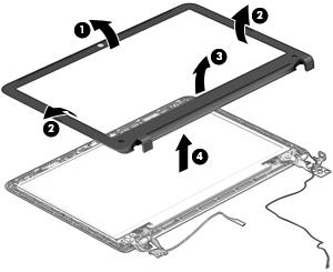 a. Flex the inside edges of the top edge (1), the left and right sides (2), and the bottom edge (3) of the display bezel until the bezel disengages from the display back cover. b. Remove the display bezel (4).