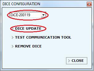 4. Click DiCE CONFIGURATION. The DiCE configuration window will be opened Click DICE UPDATE to open the Firmware Update window. Fig.