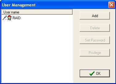 11 - Configuring Users and Privileges RocketRAID 2320 Driver and Software Installation The RAID Management Console allows the Administrator to manage user accounts in its own database.