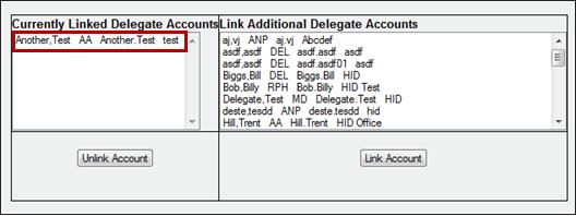 For each delegate account holder, the last/first name, user group, user ID, and agency are displayed. 4. Click to select the name of the delegate account holder you wish to link to your account.