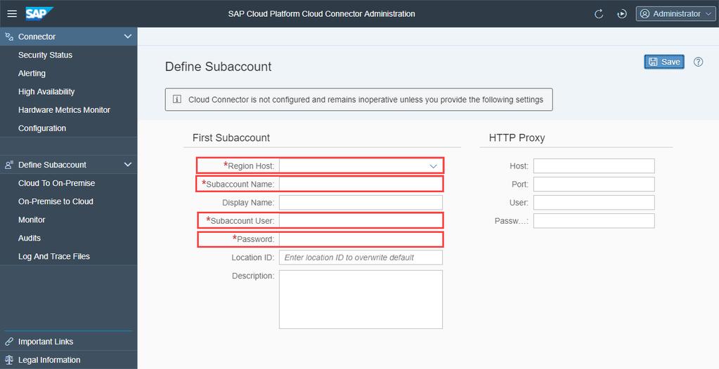 define your subaccount: NOTE: If you access the internet through a proxy, specify your proxy host and