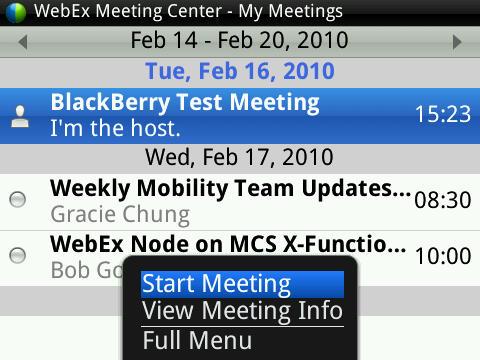 Host a meeting, Pass the Ball, and Chat features in a WebEx meeting on the BlackBerry 4.