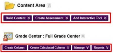 Content Area and Grade Center action bars. Content Area menus include Build Content, Create Assessment, and Add Interactive Tool.