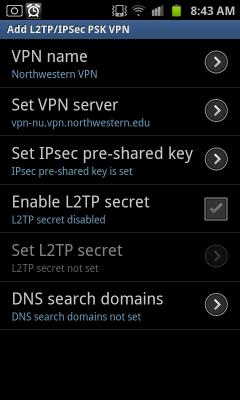 Login screen. NUVPN is selected in the Group drop down menu. 6. In the L2TP/IPSEc PSK VPN screen: Select VPN name and enter Northwestern VPN. Select set VPN server and type vpnnu.vpn.northwestern.