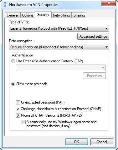 Northwestern VPN Properties window, Options tab. Under Dialing options, the Include Windows logon domain box is unchecked. 10.
