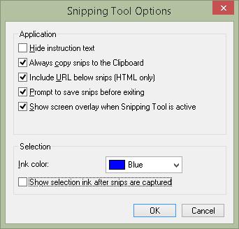 Figure 14 Snipping Tool Options dialog. The colour of the outline of the snip can also be changed from red to one of the other colours in the palette.