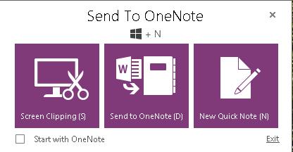 From here the options are to: Press S for Screen Clipping. Press D for Send to OneNote. Press N for New side Note. You can exit the OneNote dialog by pressing Alt + F4.