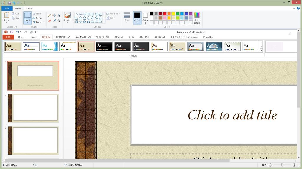 The first thing I am going to do is press Print Screen to snag the PowerPoint application Window. I have a blank presentation using the Expedition Theme on the screen.