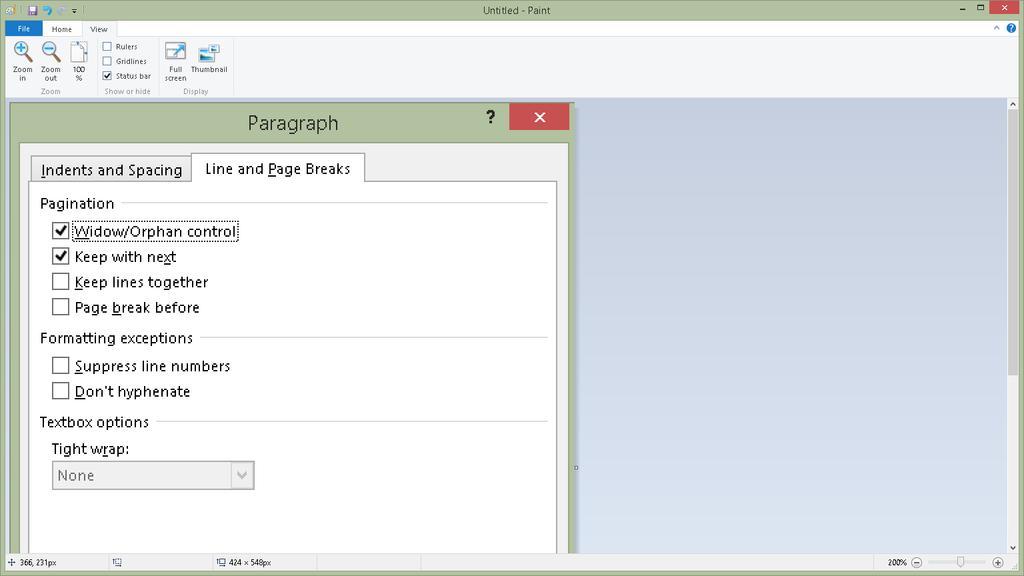 Figure 35 Zoomed in view of Word Paragraph dialog in Paint.