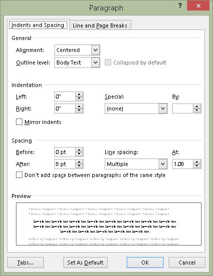 Figure 4 Image of Paragraph dialog in Word.