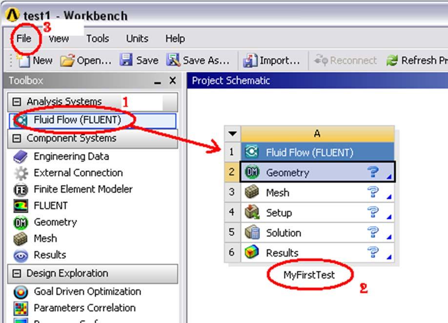 How to setup this case in Fluent Workbench Start ANSYS Workbench: All Programs -> Ansys 14.5 -> Workbench (All figures here are from Ansys 13.