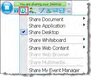 Chapter 11: The Event Window Click the Share icon to see available options for sharing content. Share Document-select a document that you already have open or open a new document.