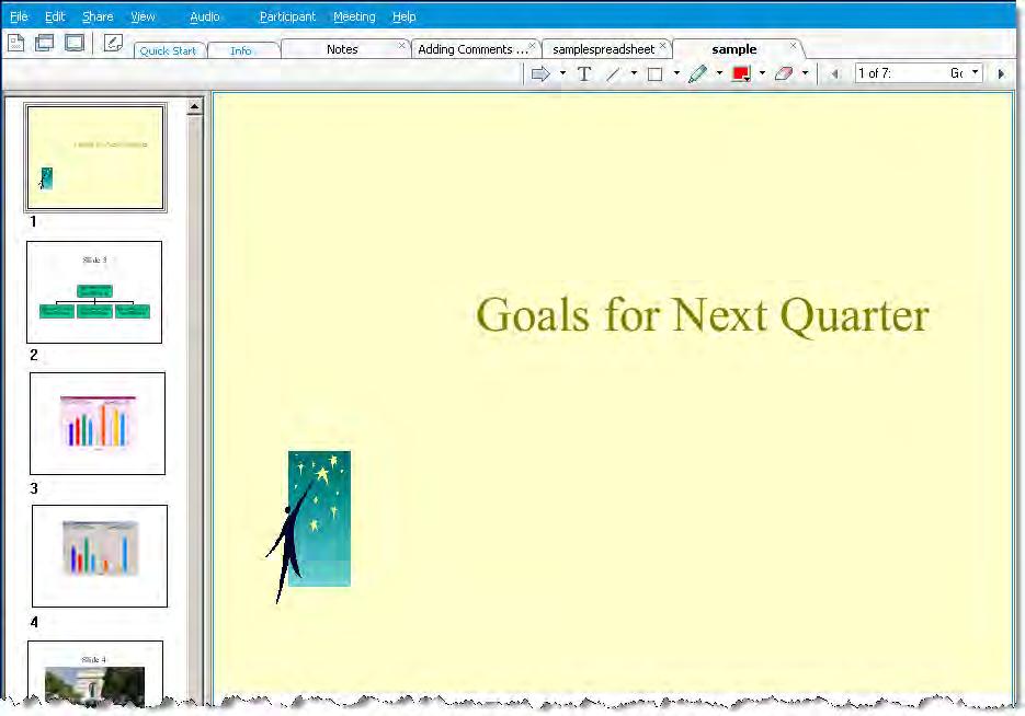 Chapter 19: Sharing Presentations, Documents, and Whiteboards 3 Optional. To display any page or slide in the content viewer, double-click its miniature in the thumbnail viewer.