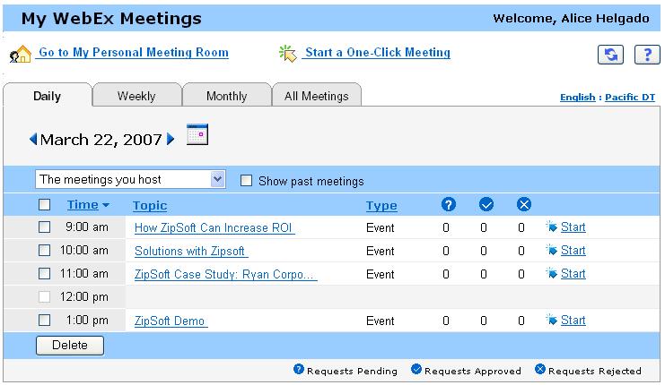 Chapter 28: Using My WebEx 2 Click one of the tabs to navigate to different views of the My Meetings page: You can choose Daily, Weekly, Monthly, or All Meetings. 3 Optional.