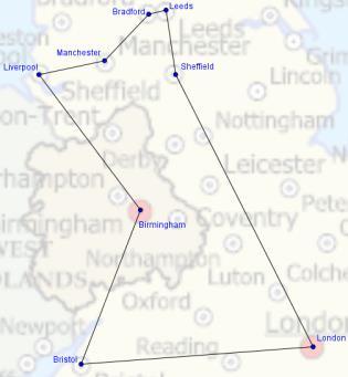 Manchester both being 78 miles. The most useful of the two is the one linking Sheffield and Liverpool, yielding an upper bound of 662. The best upper bound is the lowest one: 595 miles.