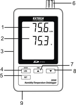 Product Description 1. Humidity Display 2. Temperature Display 3. Side Compartment 4. LOG (ENTER) button 5. SET button 6. Sensors 7. (TIME) button 8. button 9.