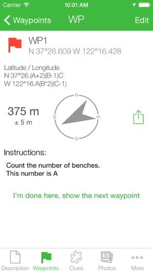 Navigating to a waypoint Automatic formula evaluation Formulas for the latitude, longitude, distance, bearing or offset are evaluated the moment the clue values involved are known.