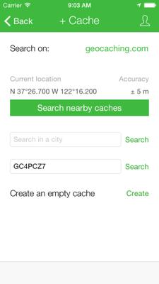 Getting caches in the app Search and import When you start the app for the first time, it contains no caches. In order to get some more caches in the main list use the + button to add a cache.