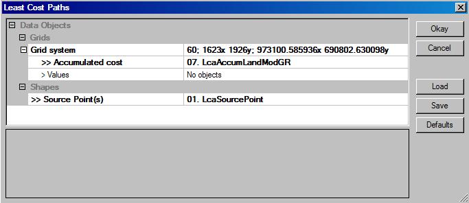 Figure 3-28. The parameter page for the Grid Analysis/Least Cost Paths module. The grid data layer LcaAccumLandModGR is chosen for the input >>Accumulated cost parameter.