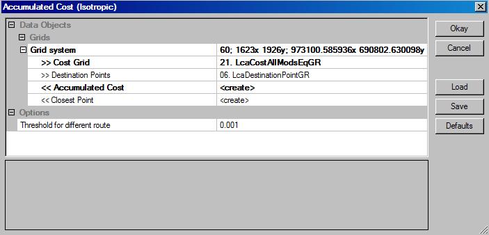 Figure 5-2 displays the parameter page for the Grid Analysis/Accumulated Cost (Isotropic) module. Figure 5-2. The parameter page for the Grid Analysis/Accumulated Cost (Isotropic) module.