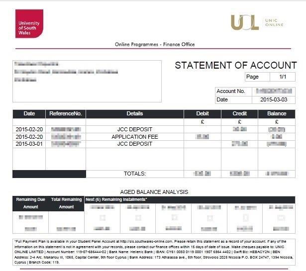 The PDF Statement (shown below) displays all the transactions made in a student account. On the debit side it shows module orders and how much each module costs.