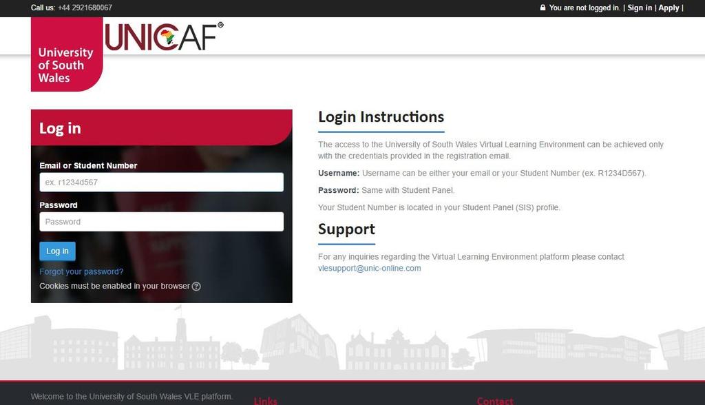 4) VLE Login Page The login page appears after you navigate to http://vle-usw.unicaf.org. At this point, you are not logged into the system.