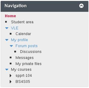 8) Navigation Block The Navigation Block is used for the main navigation across the VLE. It contains categories, subcategories and links.