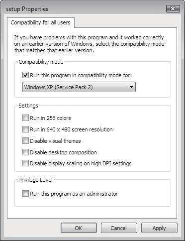 If "Reinstall using recommended settings" is selected by mistake, 'Windows XP SP2 compatibility mode' is set automatically.