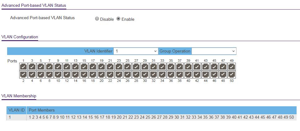 5. Select VLAN > Port Based > Advanced. The Advanced Port-based VLAN Status page displays.