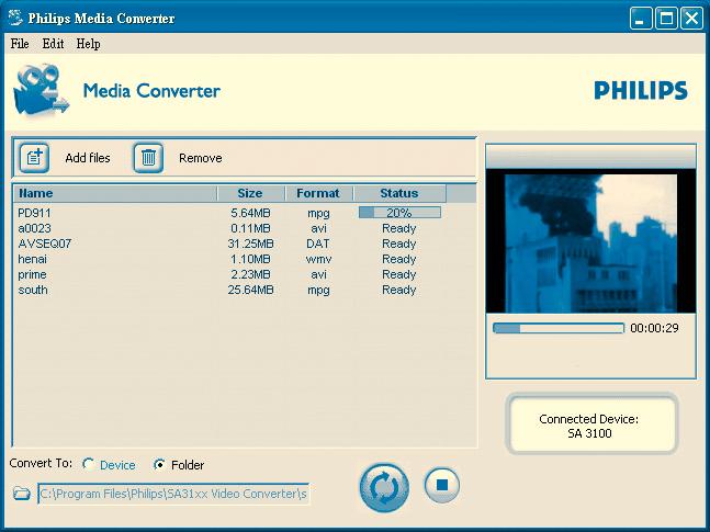 B Transfer video and picture The Philips Media Converter converts video clips and JPEG pictures into suitable formats for the player. You can install the software from the supplied CD.