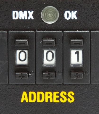 DMX Operation DMX Addressing Push the tabs above or below the number window to set the address. (Valid addresses range from 001 to 512.