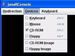 FIGURE 6-8 JavaRConsole Devices Menu 7. From the Devices menu, select one diskette item and/or one CD item according to the delivery method you have chosen.