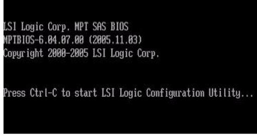 FIGURE A-2 BIOS Screen Showing LSI Logic Corp. Message 3. Follow the on-screen instructions to create a mirrored RAID.