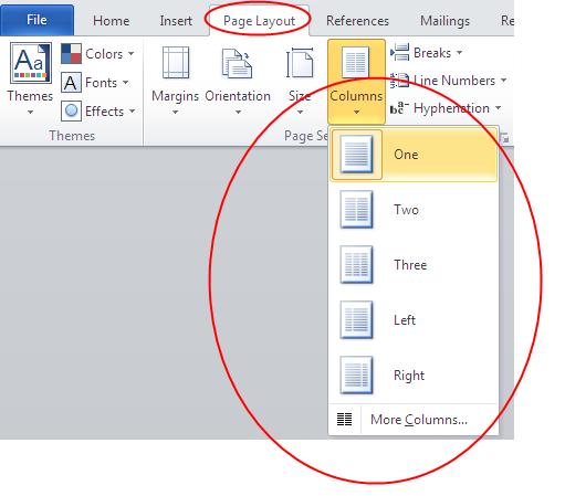 20 Steps to Format Columns: See Figure 7 1) Select the text (if you already have text in your document that you want formatted into columns) 2) Select the Page Layout tab 3) Select Columns from the