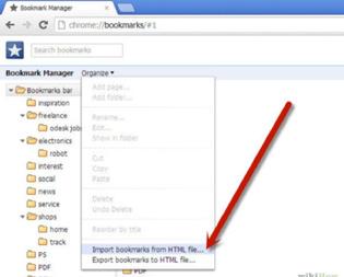 Importing favourites to Chrome 1. Open Chrome and from the menu on the right-hand side, select Bookmarks 2. In the menu that appears, select Bookmark Manager, then Organize.