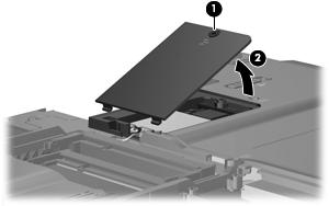 3. Lift the right side of the WLAN module compartment cover (2) and swing it to the left. 4. Remove the WLAN module compartment cover.
