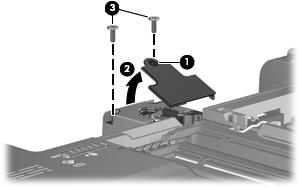 5. Remove the two Phillips PM2.5 6.0 screws (3) that secure the display assembly to the computer. 6. Remove the wireless antenna cables (1) from the routing channel built into the base enclosure.