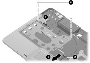 5. Release the ZIF connector (2) to which the TouchPad cable is connected and