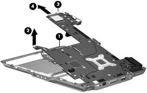 Use the optical drive connector (1) to lift the left side of the system board (2) until the power connector (3) is