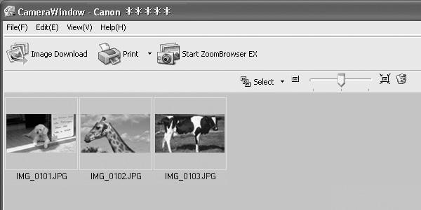 Camera Browser Window Prints the selected still images. Starts ZoomBrowser EX. Selects the still image selection method. Changes the size of the thumbnail.