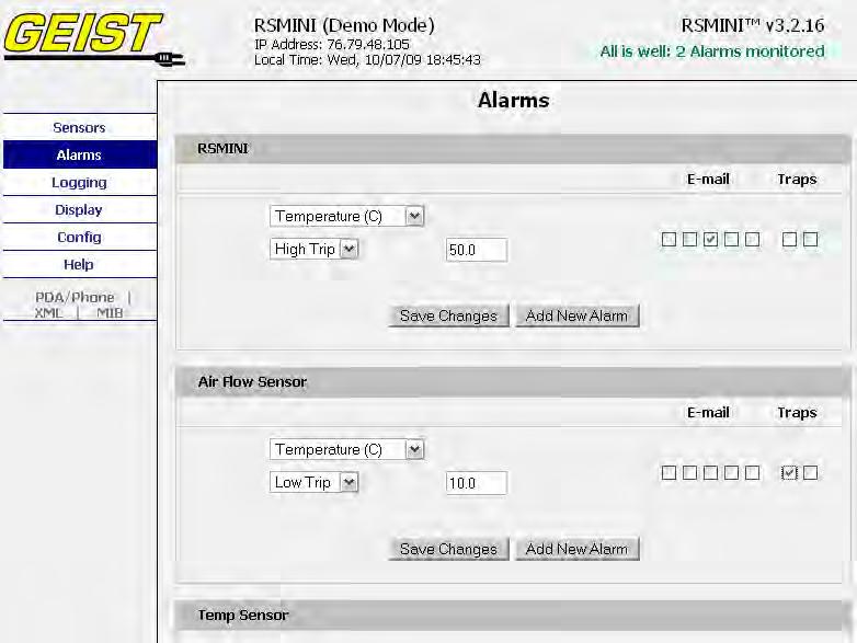 Alarms Page The Alarms page allows the user to establish alarm conditions for each sensor reading. Alarm conditions can be established with either high or low trip thresholds.
